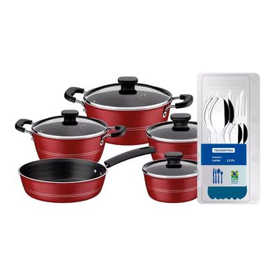 Conjunto de Panelas Tramontina Sicilia com Revestimento Starflon Excellent 5 Peças + Faqueiro 12 Peças Tramontina Leme Vermelho