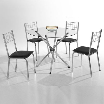Mesa de Jantar Aço Nobre Leticia Plus com Tampo Kanon e 4 Cadeiras Iris Revestidas em Courino Preto
