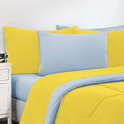 Kit Edredom + Jogo De Lençol Malha 100% Algodão Gran Moratta 4 Peças Solteiro - Amarelo-azul Bebê