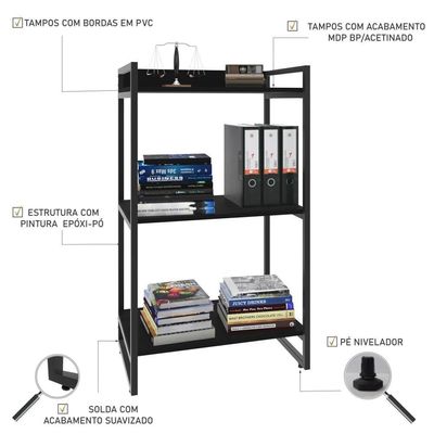 Estante Kuadra 60x40x104cm Com 03 Prateleiras Preto ônix / Est.preta