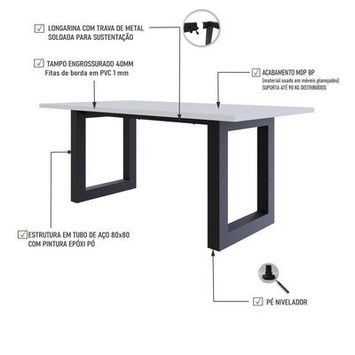Mesa De Jantar Bronx R 180x90x77cm Brmj9180r Branco Tx - Est.preta Branco Tx/est.preta