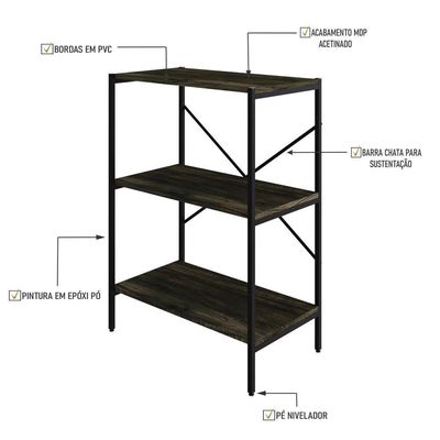 Estante C/03 Prateleiras 84x60x33cm Tub Tueh863 Carvalho Dark - Est.preta Carvalho Dark / Est.preta