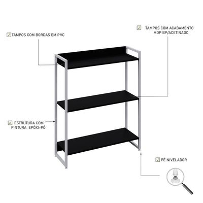 Estante Dynamica 80x30x104cm C/03 Prateleiras Preto ônix / Est.branca Preto ônix / Est.branca