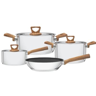 Jogo 4 Panelas Tramontina Brava Antiaderente Aço Inox Fundo Triplo Cabos Alças Amadeirado