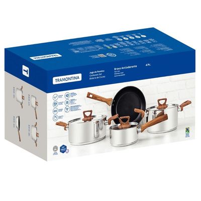Jogo 4 Panelas Tramontina Brava Antiaderente Aço Inox Fundo Triplo Cabos Alças Amadeirado