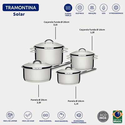 Jogo de Panelas 4 Peças Tramontina Solar em Aço Inox Fundo Triplo