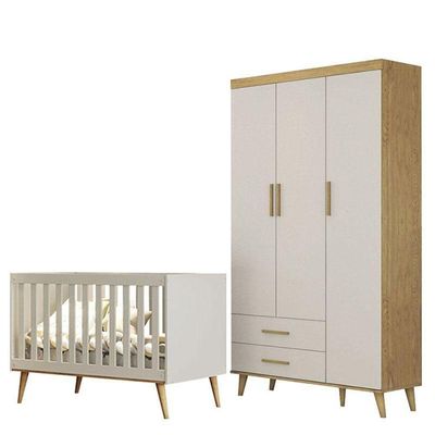 Berço Americano E Guarda Roupa Infantil Ambiente Ludmila Off White Bétula - Carolina Baby