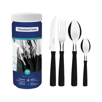 Faqueiro Tramontina New Kolor 24 Peças Preto Aço Inox no Pote