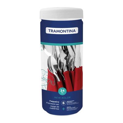 Faqueiro Tramontina New Kolor Vermelho 24 Peças Aço Inox no Pote