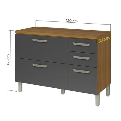 Balcão Nesher Princesa com 2 Portas, 3 Gavetas e 1 Prateleira 120cm de Largura Freijo e Grafite