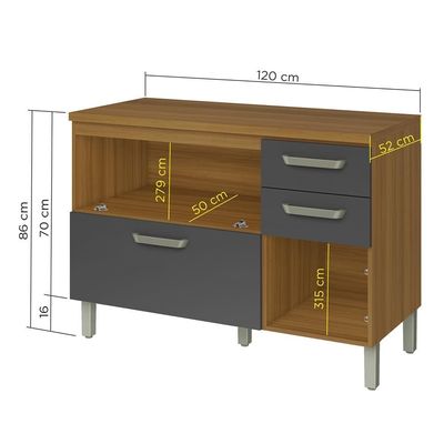 Balcão Nesher Princesa com 2 Portas, 3 Gavetas e 1 Prateleira 120cm de Largura Freijo e Grafite