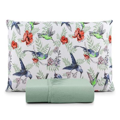 Jogo De Lençol Casal Malha 100% Algodão Com Elástico 3 Peças Verde Claro Estampa Beija Flor