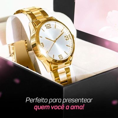 Relogio Feminino Dourado Aço Inox + Pulseira Pandora + Caixa