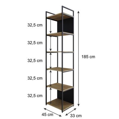 Estante Alta C/06 Prateleiras 185x45x33cm C/fundo Yon Vermont Oak/est.preta Vermont Oak/est.preta