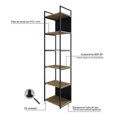 Estante Alta C/06 Prateleiras 185x45x33cm C/fundo Yon Vermont Oak/est.preta Vermont Oak/est.preta