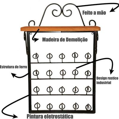 Porta Copos De Parede Rústico Ferro E Madeira Artesanal Para 20 Copos