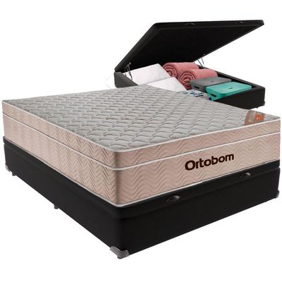 Cama Box Baú Preto E Colchão Airtech Molas Ensacadas Casal Ortobom