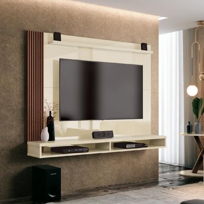 Painel Para Tv Até 50 Polegadas Dijon Ripado C/ Prateleira Off White / Nature