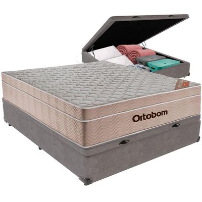 Cama Box Baú Cinza E Colchão Airtech Molas Ensacadas Casal Ortobom