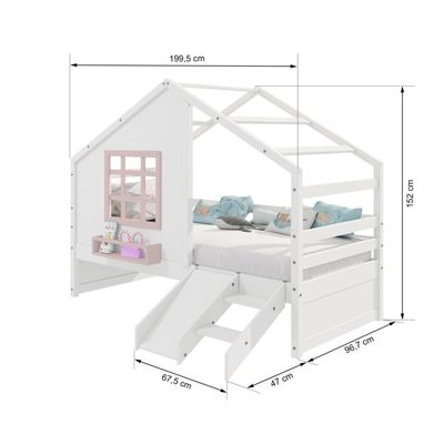 Cama Casinha Janela Escada Escorregador Madeira Branco-Rosa