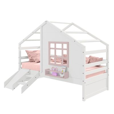 Cama Casinha Janela Escada Escorregador Madeira Branco-Rosa