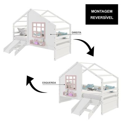 Cama Casinha Janela Escada Escorregador Madeira Branco-Rosa