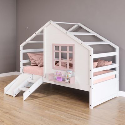 Cama Casinha Janela Escada Escorregador Madeira Branco-Rosa