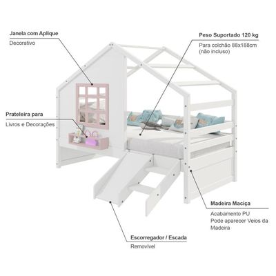 Cama Casinha Janela Escada Escorregador Madeira Branco-Rosa