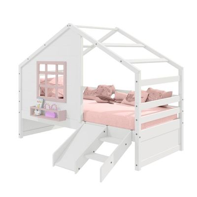 Cama Casinha Janela Escada Escorregador Madeira Branco-Rosa