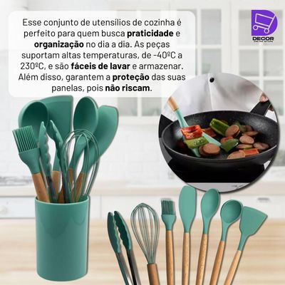 Conjunto Kit De Utensílios De Cozinha Em Silicone, 8 Peças, Verde Escuro Prático E Durável