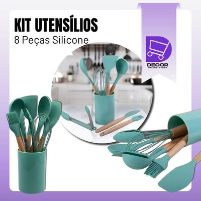 Conjunto Kit De Utensílios De Cozinha Em Silicone, 8 Peças, Verde Escuro Prático E Durável
