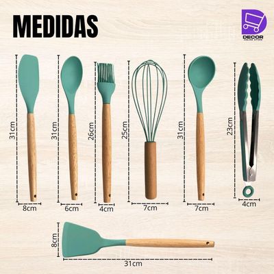 Conjunto Kit De Utensílios De Cozinha Em Silicone, 8 Peças, Verde Escuro Prático E Durável
