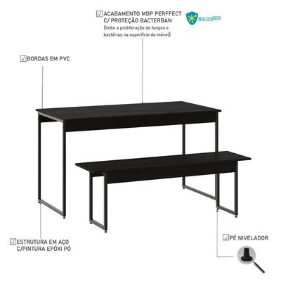 Mesa De Jantar Com 1 Banco Estilo Industrial Tub  Preto ônix / Est.preta