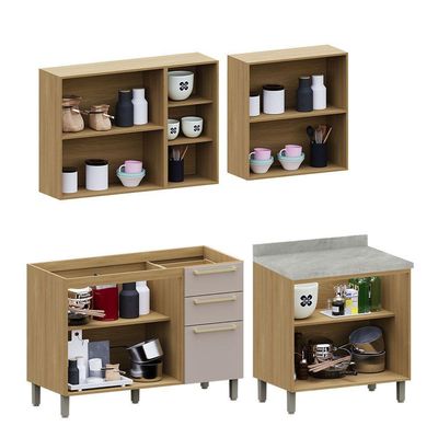 Cozinha Compacta 4 Pçs Tampo 200cm Elegance Luciane Móveis Freijó/Freijó Brasil/Cinammon
