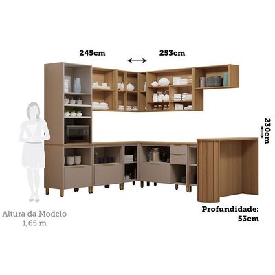 Cozinha Modulada Completa De Canto 10 Peças Com Tampo Lumina Cinammon/Freijó