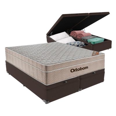 Cama + Box Airtech Colchão Ortobom Queen Com Baú Bege Springpocket Marrom