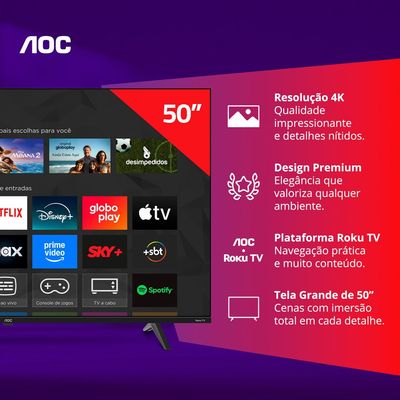 Smart TV AOC 50 Polegadas, DLED, 4K, Roku TV - 50U7045/78G Preto / Bivolt