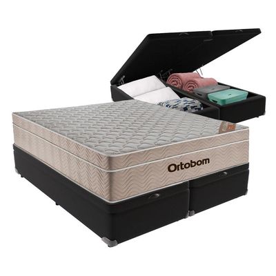 Cama + Box Airtech Colchão Ortobom Queen Com Baú Bege Springpocket Preto