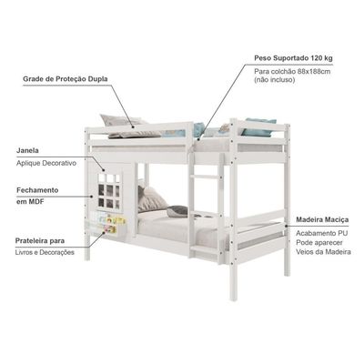 Beliche Infantil Com Janela Madeira Maciça Branco Housin