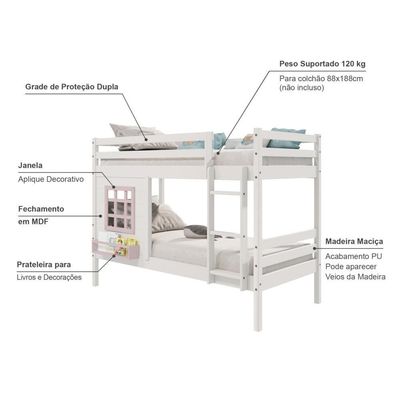 Beliche Infantil Com Janela Madeira Maciça Branco/ Rosa Housin