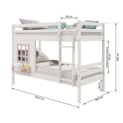 Beliche Infantil Com Janela Madeira Maciça Branco/ Rosa Housin