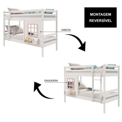 Beliche Infantil Com Janela Madeira Maciça Branco/ Rosa Housin