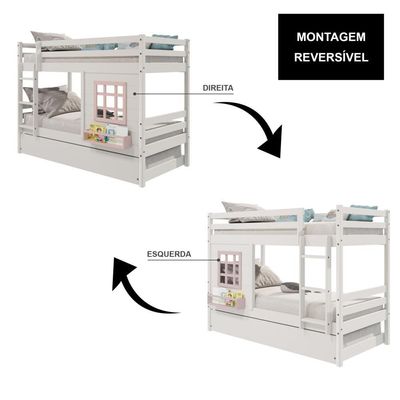 Treliche Infantil Com Janela Madeira Maciça Branco/ Rosa Housin