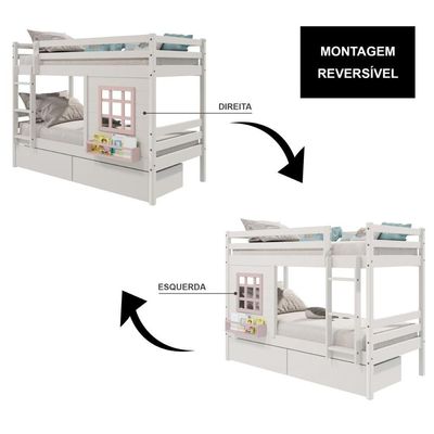 Beliche Infantil Com Janela E Gavetas Madeira Maciça Branco/ Rosa Housin