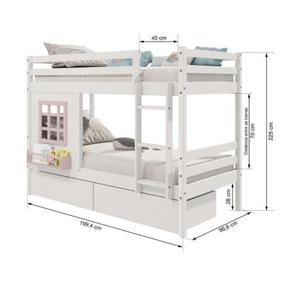 Beliche Infantil Com Janela E Gavetas Madeira Maciça Branco/ Rosa Housin