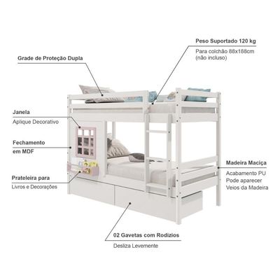Beliche Infantil Com Janela E Gavetas Madeira Maciça Branco/ Rosa Housin