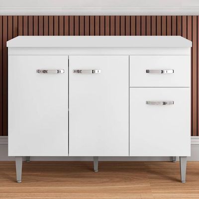 Balcão De Cozinha 120cm Gabriela 3 Portas 1 Gaveta Com Tampo Branco