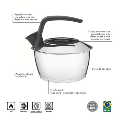 Chaleira 1,5L Tramontina Aço Inox Fundo Triplo Cabo Preto Fogão Água Chá Café