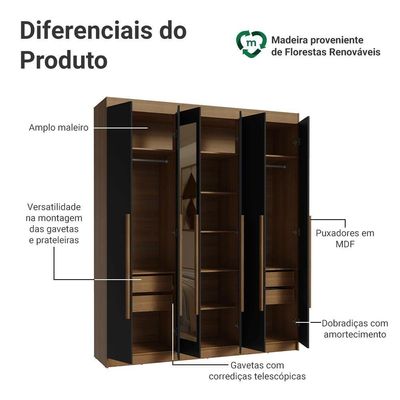 Guarda-roupa Casal 6 Portas Batentes Com Espelho Madesa