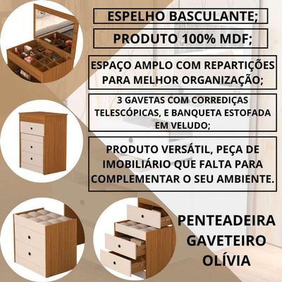 Penteadeira Cômoda Gaveteiro Com Banqueta Embutido Mdf Espelho Basculante Nature/off White